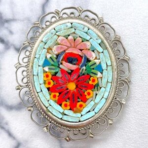 Vintage Micromosaic Brooch Silver Tone Metal Floral Design